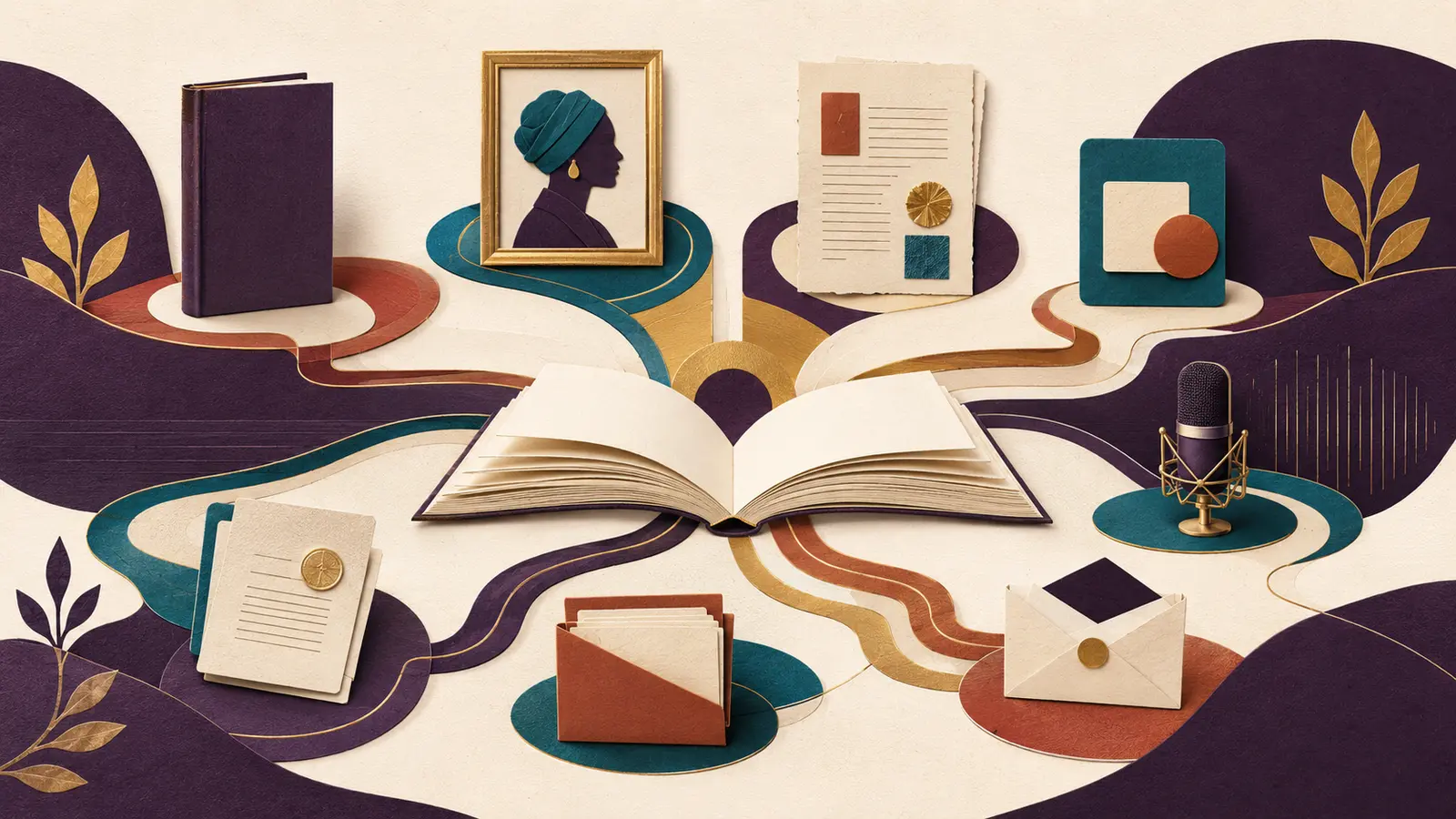An open book connecting print, author identity, editorial development and audio publishing.
