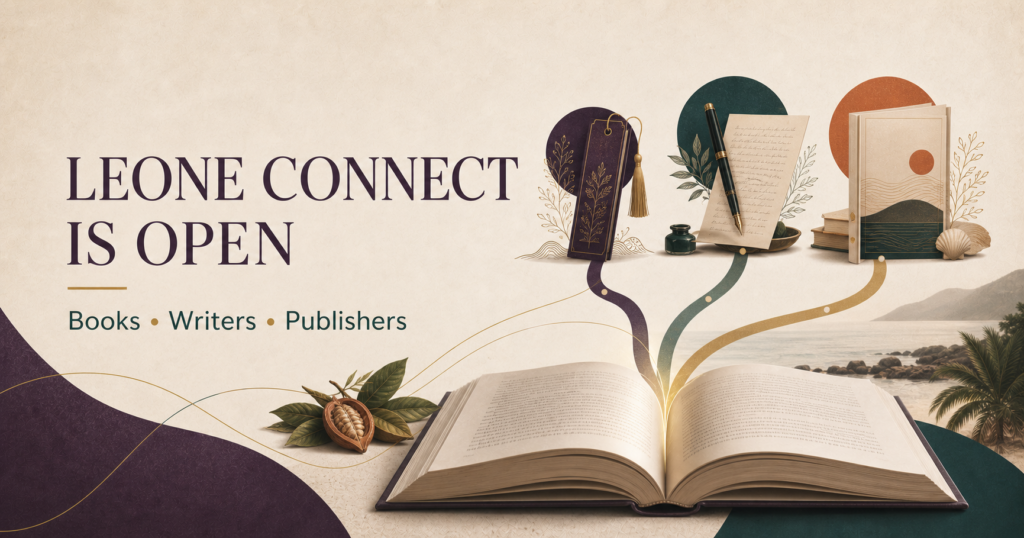 An open book connects three illustrated paths representing readers, writers and publishers beneath the words Leone Connect is open.