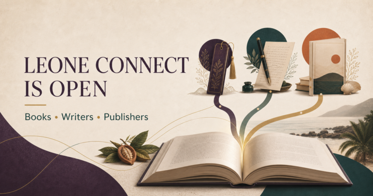 An open book connects three illustrated paths representing readers, writers and publishers beneath the words Leone Connect is open.