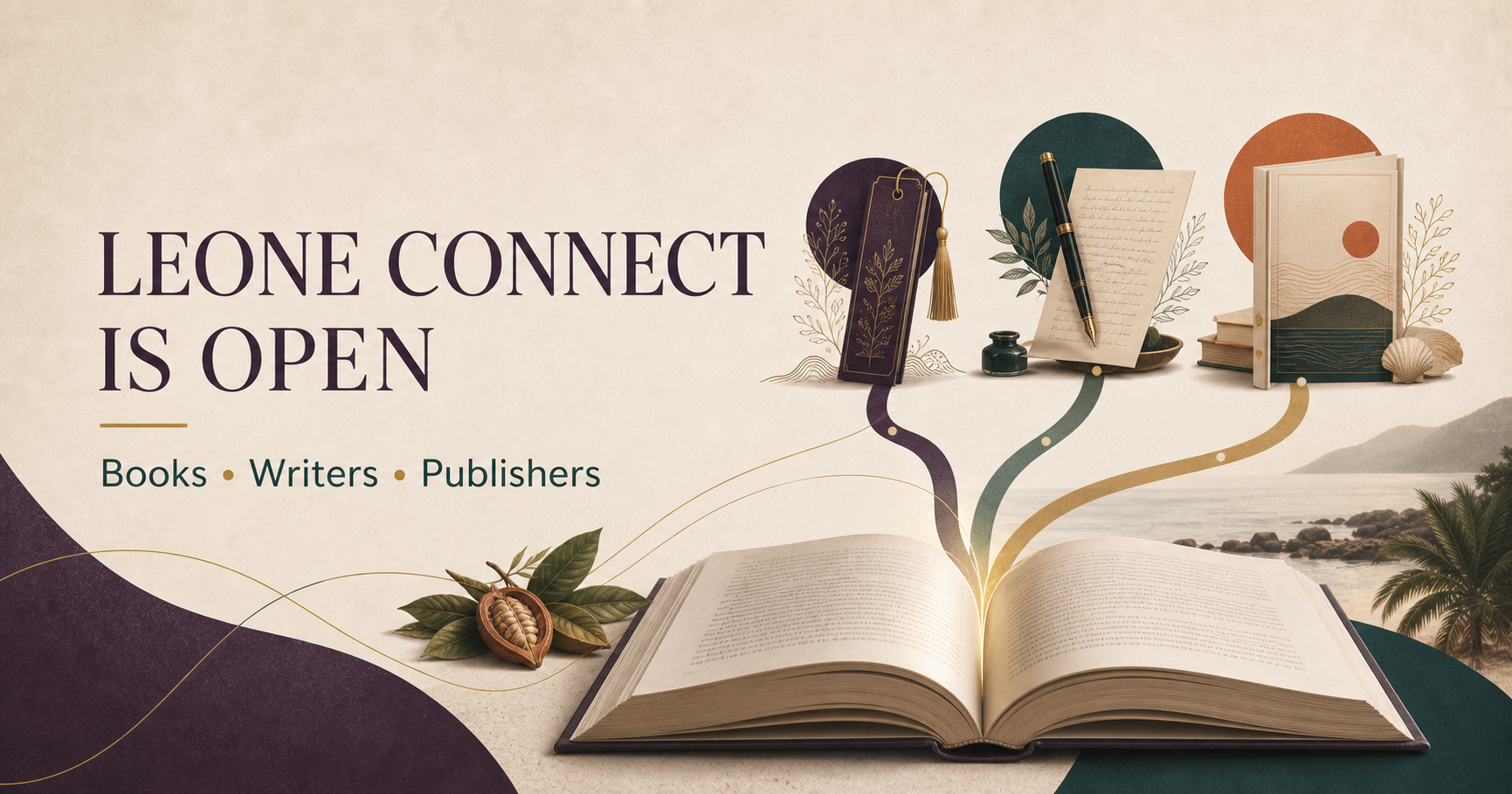 An open book connects three illustrated paths representing readers, writers and publishers beneath the words Leone Connect is open.