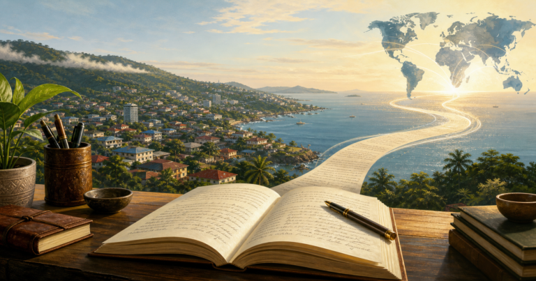 An open manuscript overlooking Freetown’s hills and Atlantic coast, with a luminous path leading toward a world map.