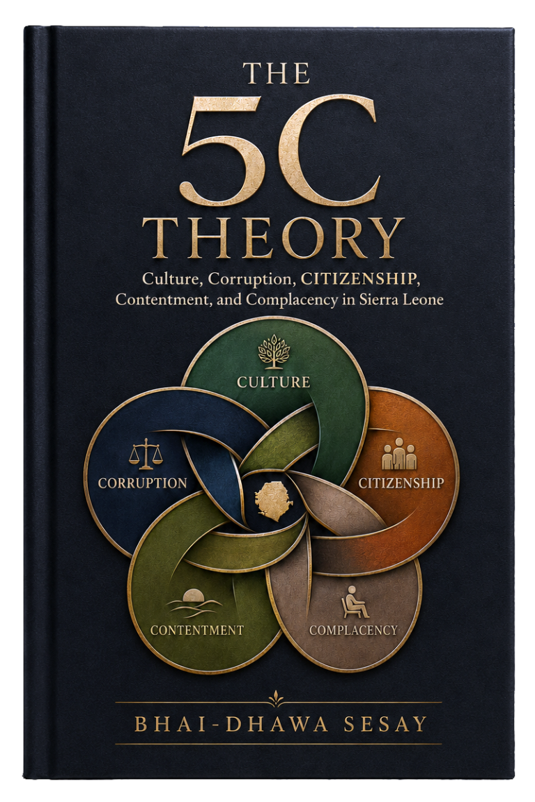 Front cover of THE 5C THEORY by Bhai-Dhawa Sesay, featuring five interlocking labeled forms around Sierra Leone